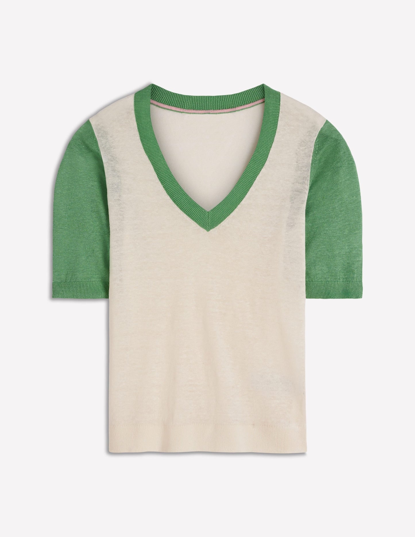 Agnes Linen V Neck T-Shirt-Ivory/ Green