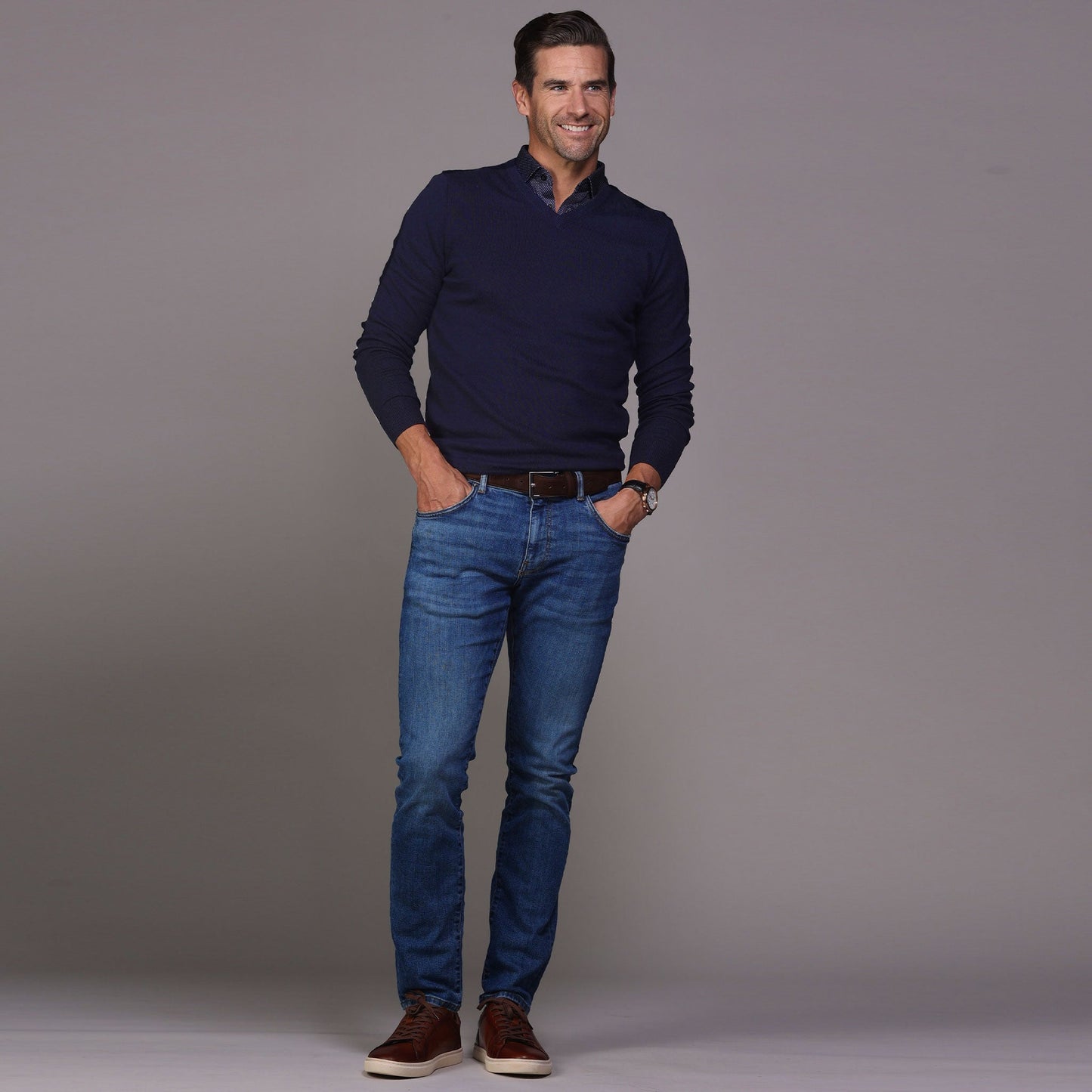 Navy Luxury Touch Cotton and Cashmere V-Neck Sweater