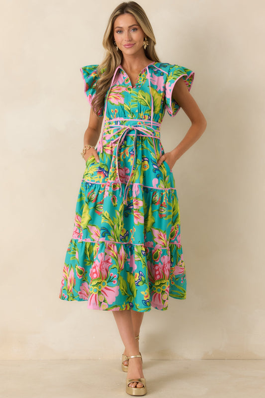 Prosperina Leighton Jade Multi Tropical Floral Cotton Midi Dress