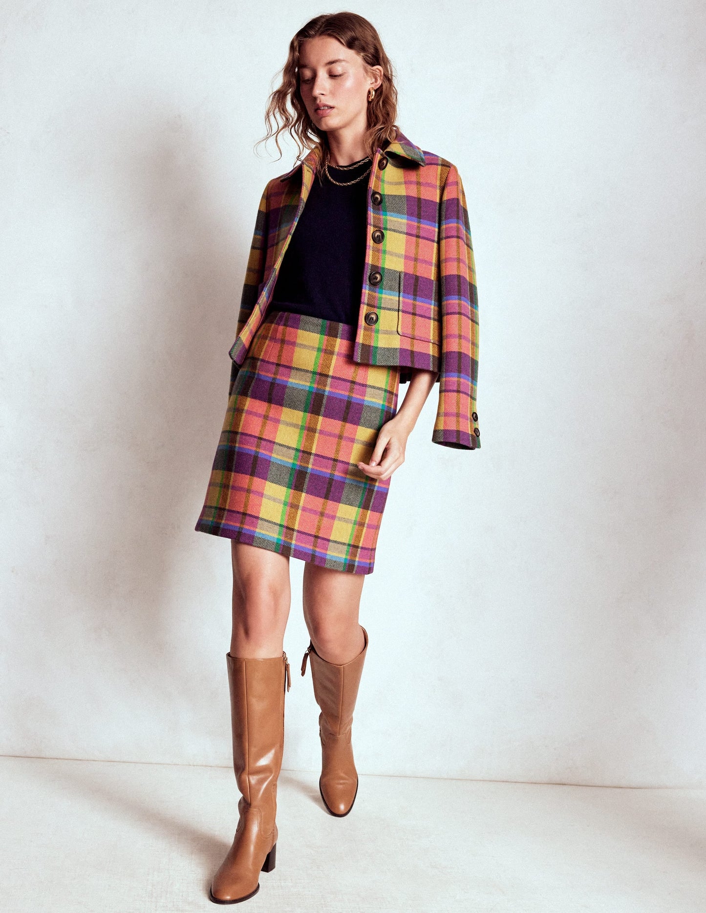 Wool Blend A-Line Skirt-Yellow, Pink and Green Check