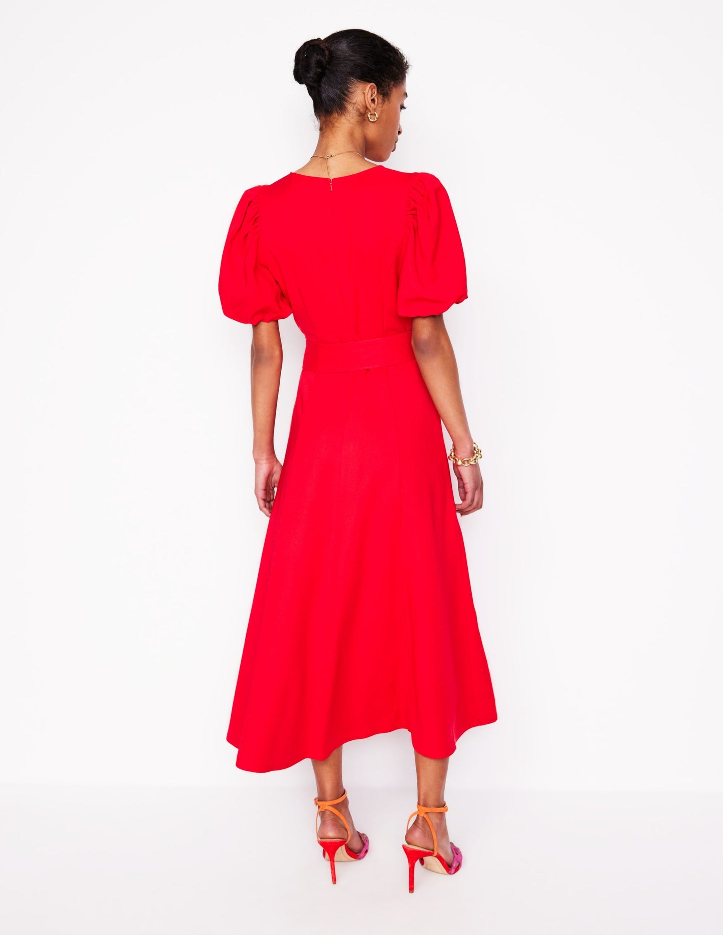 Volume Sleeve Midi Dress-Poppy Red