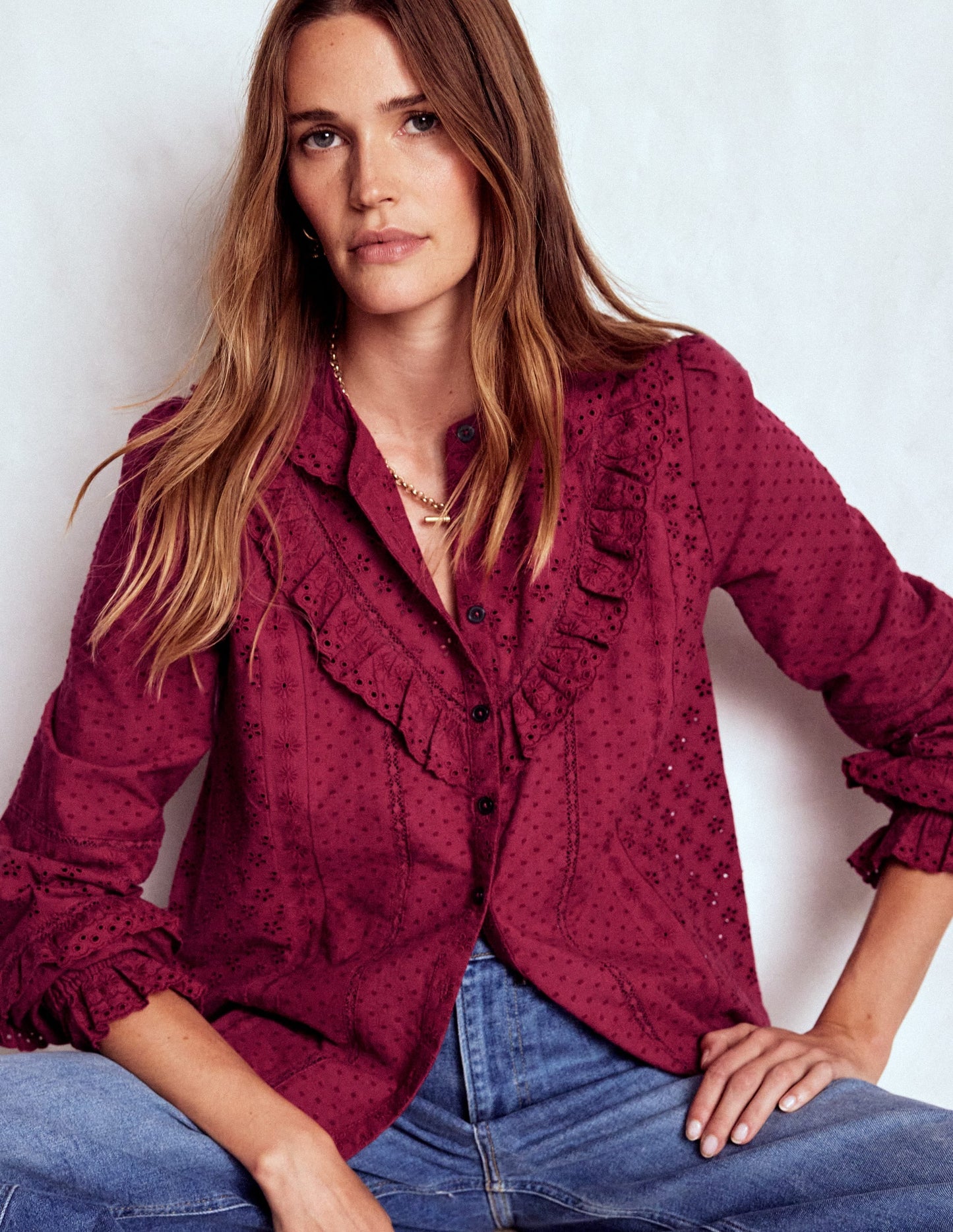 Broderie Ruffle Top-Ruby Red