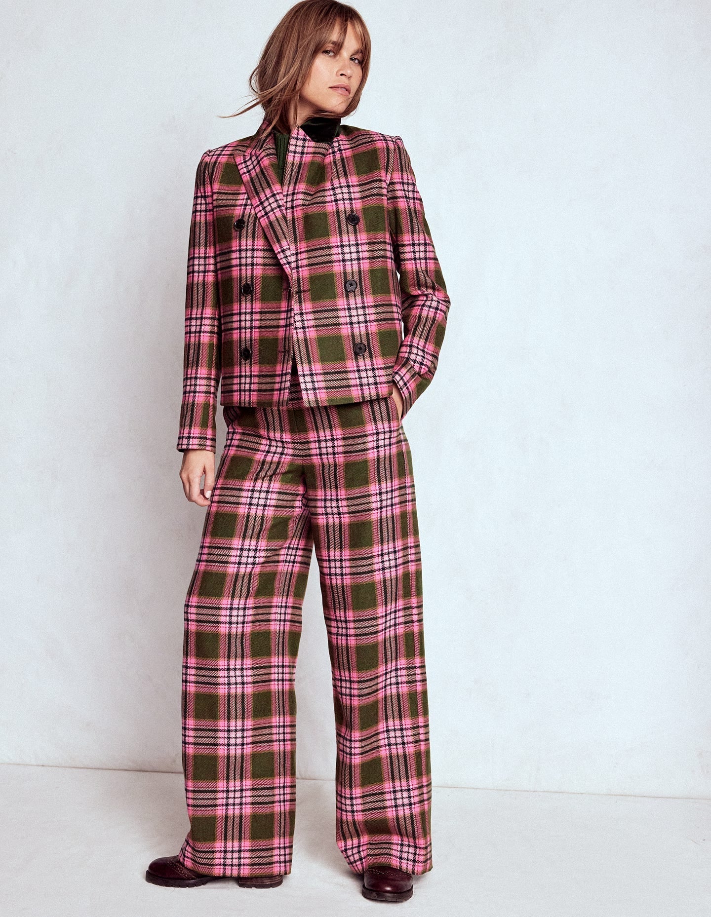 Boxy Double Breasted Blazer-Olive Green and Pink Check