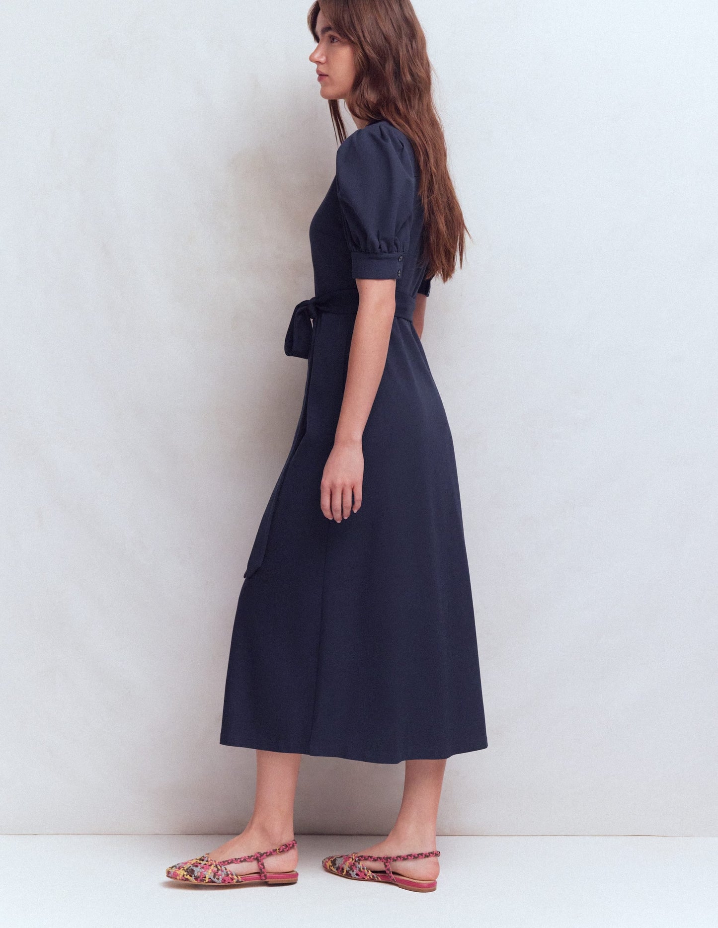 Puff Sleeve Ponte Shirt Dress-Navy