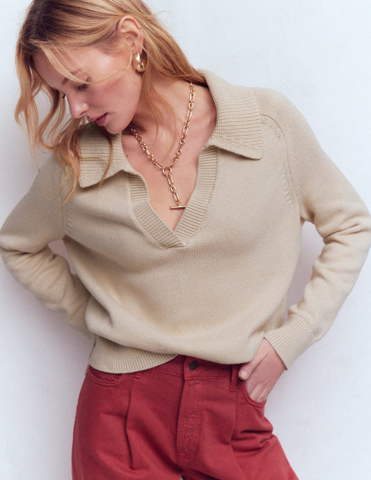 Cotton Henley Sweater-Almond Peach