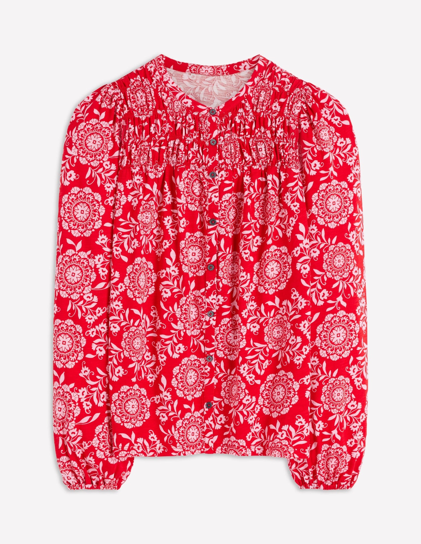 Mya Smocked Jersey Shirt-Salsa, Decorative Blossom