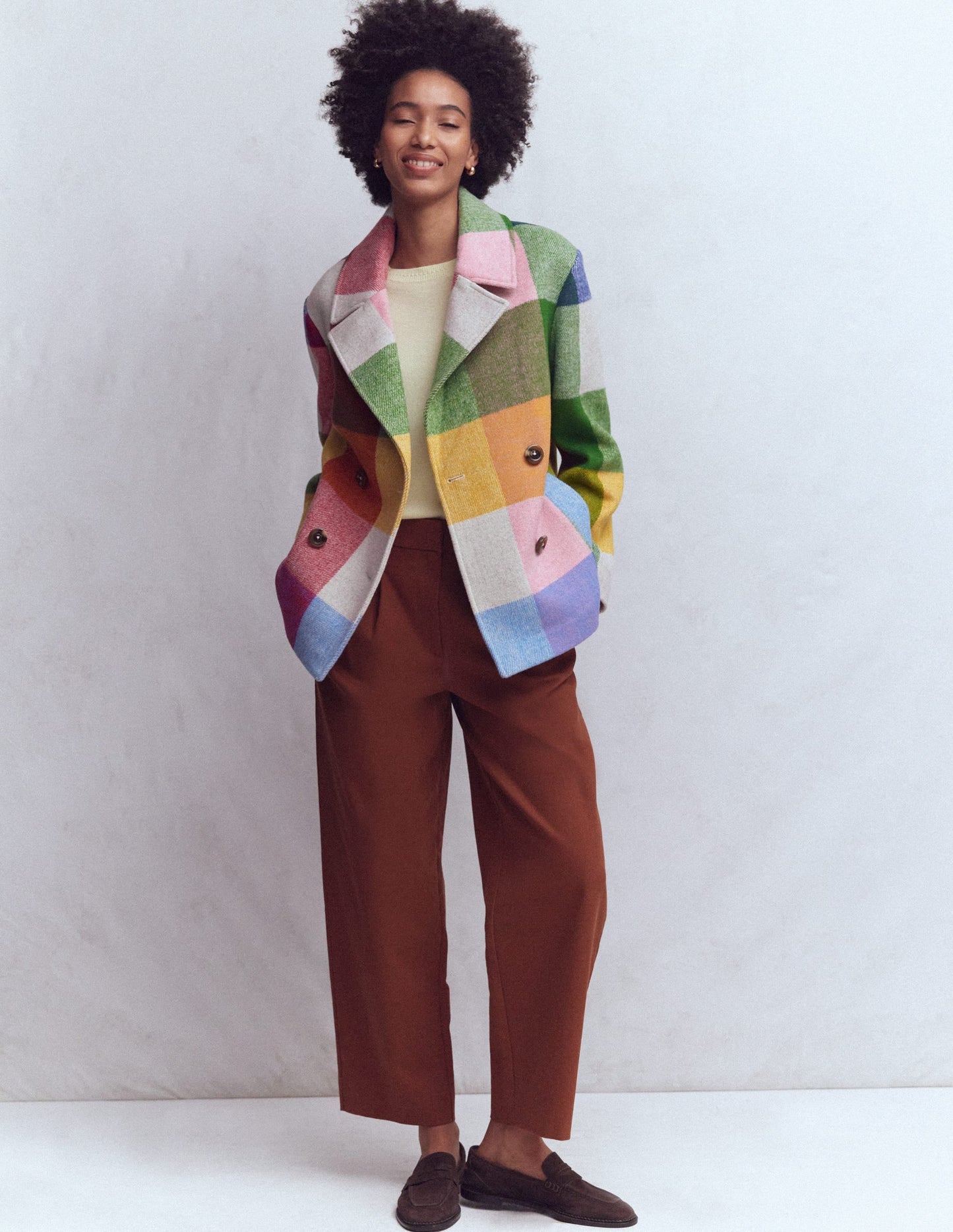 Revere Collar Wool Coat-Giant Multigingham