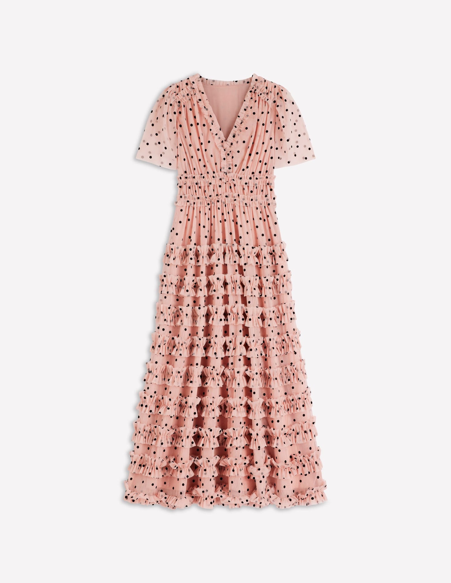V-Neck Ruffle Tulle Dress-Ivory Black Spot