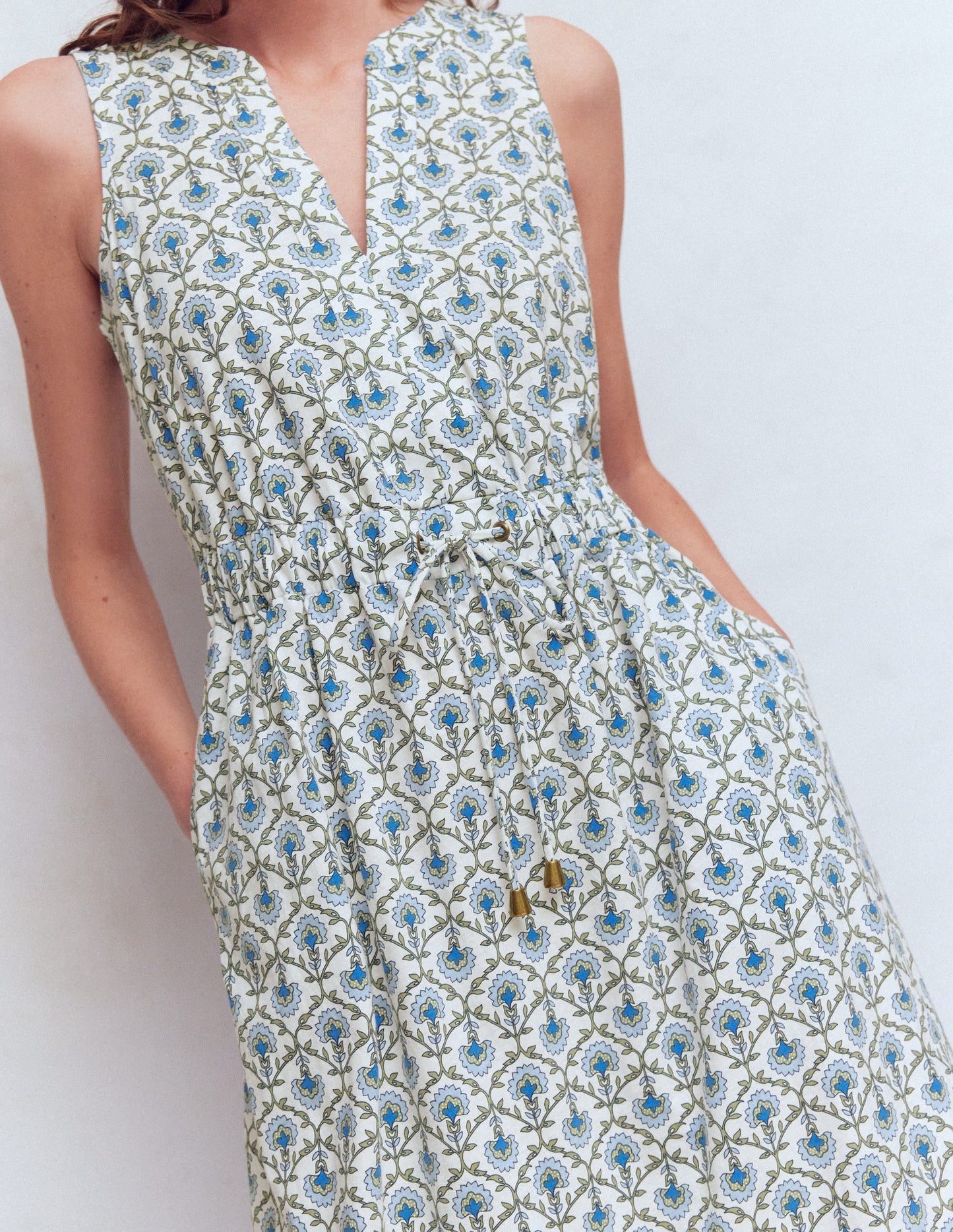Delphine Midi Sleeveless Dress-Ivory, Flower Lattice