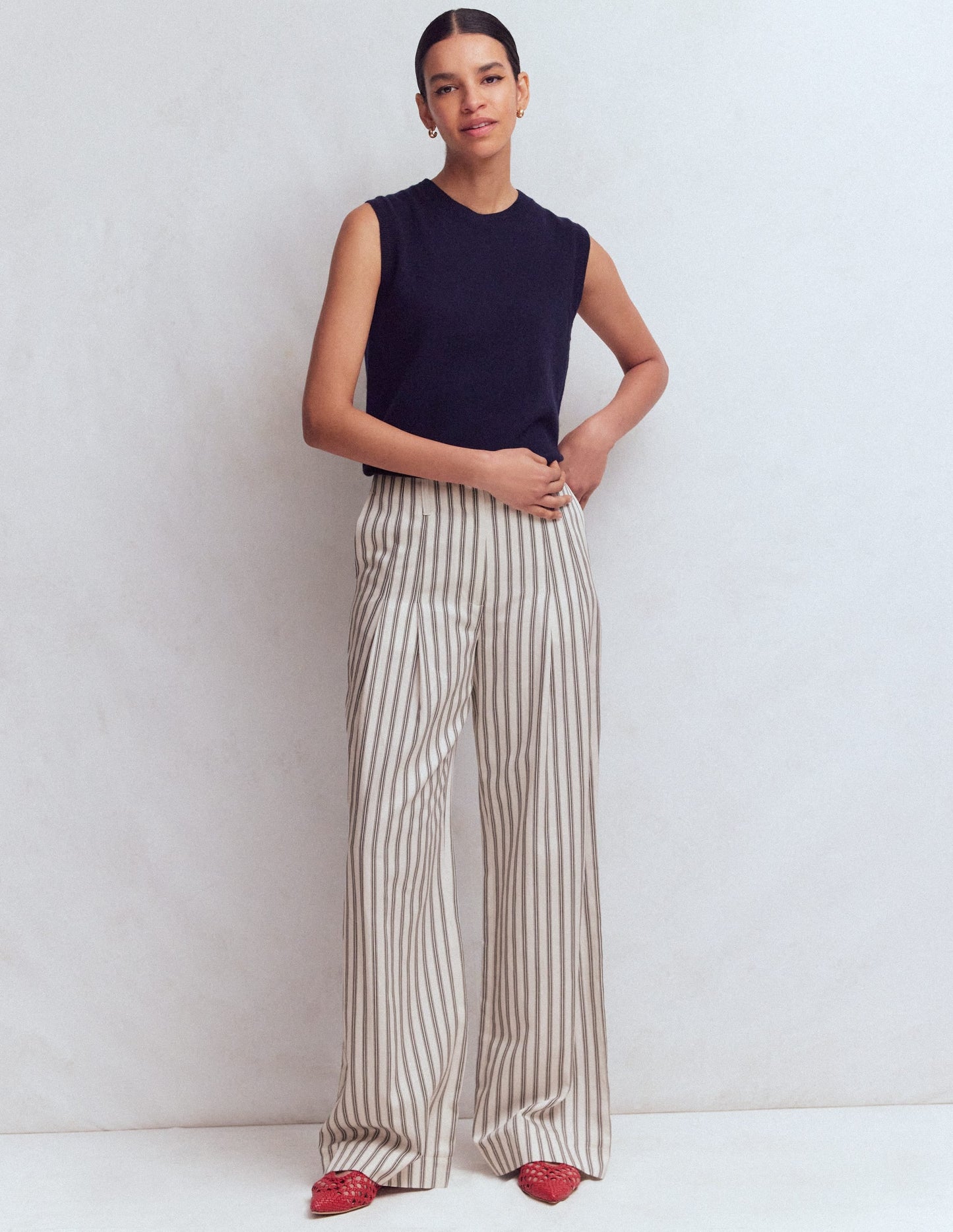 Mayfair Tailored Pants-Ivory, Navy Stripe