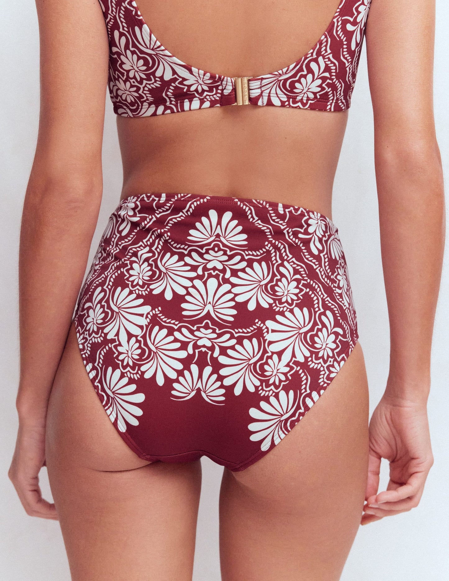 High Waisted Bikini Bottoms-Maroon, Botanical Charm