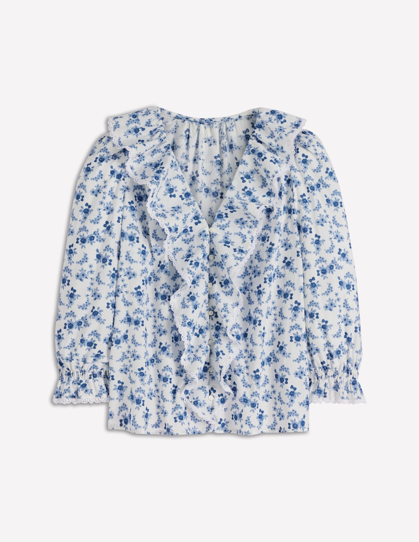 Eliza Ruffle V-Neck Blouse-Tourmaline Blue, Dainty Vine