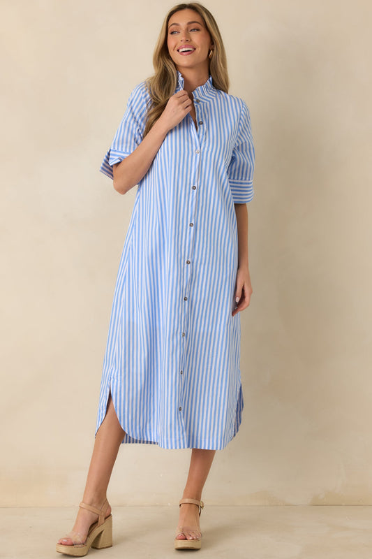 In Perfect Order Blue Stripe Button Front Ruffle Collar Midi Shirt Dress