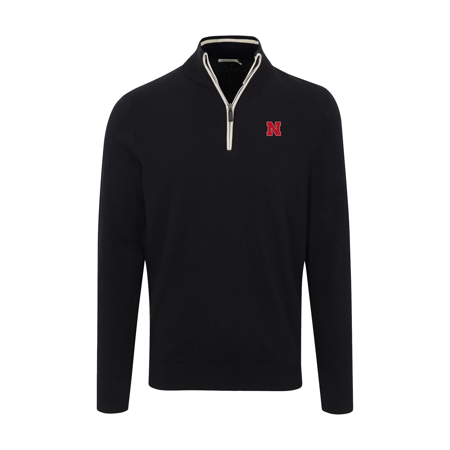 Nebraska Black with White Trim Luxury Touch Cotton and Cashmere Quarter Zip Sweater